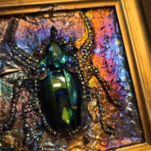 Jeweled Green Scarab Beetle Wall Art, Miniature Painting, Gold Framed Insect Artwork, Gothic Decor image 8