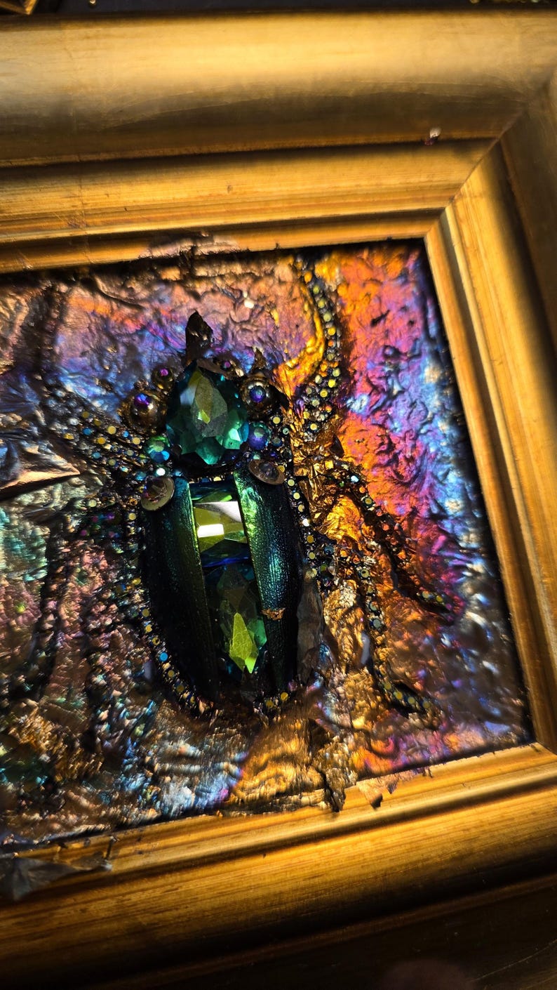 Jeweled Green Scarab Beetle Wall Art, Miniature Painting, Gold Framed Insect Artwork, Gothic Decor image 8