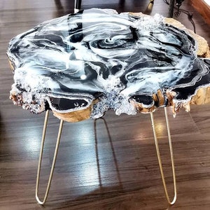 Black and White Marble Epoxy Table | Live Edge Modern Coffee Table | Irregular Wood & Resin Side Table