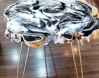 Black and White Marble Epoxy Table | Live Edge Modern Coffee Table | Irregular Wood & Resin Side Table