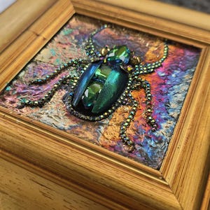 Jeweled Green Scarab Beetle Wall Art, Miniature Painting, Gold Framed Insect Artwork, Gothic Decor image 2