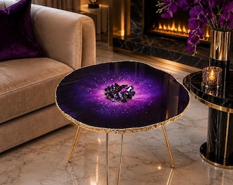 オプンチア　Purple Mesa Handmade Purple Amethyst Geode Resin Coffee Table, Gold Leaf
