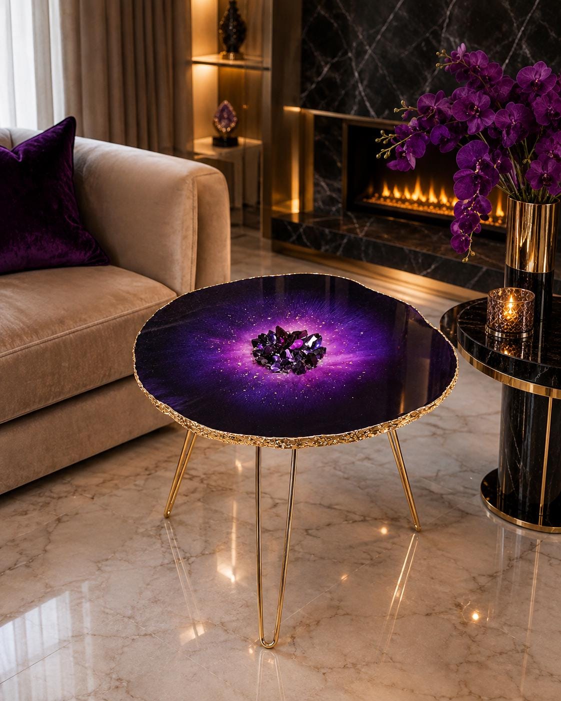 Handmade Purple Amethyst Geode Resin Coffee Table, Gold Leaf Handmade Purple Amethyst Geode Resin Coffee Table, Gold Leaf