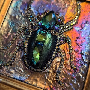 Jeweled Green Scarab Beetle Wall Art, Miniature Painting, Gold Framed Insect Artwork, Gothic Decor image 7