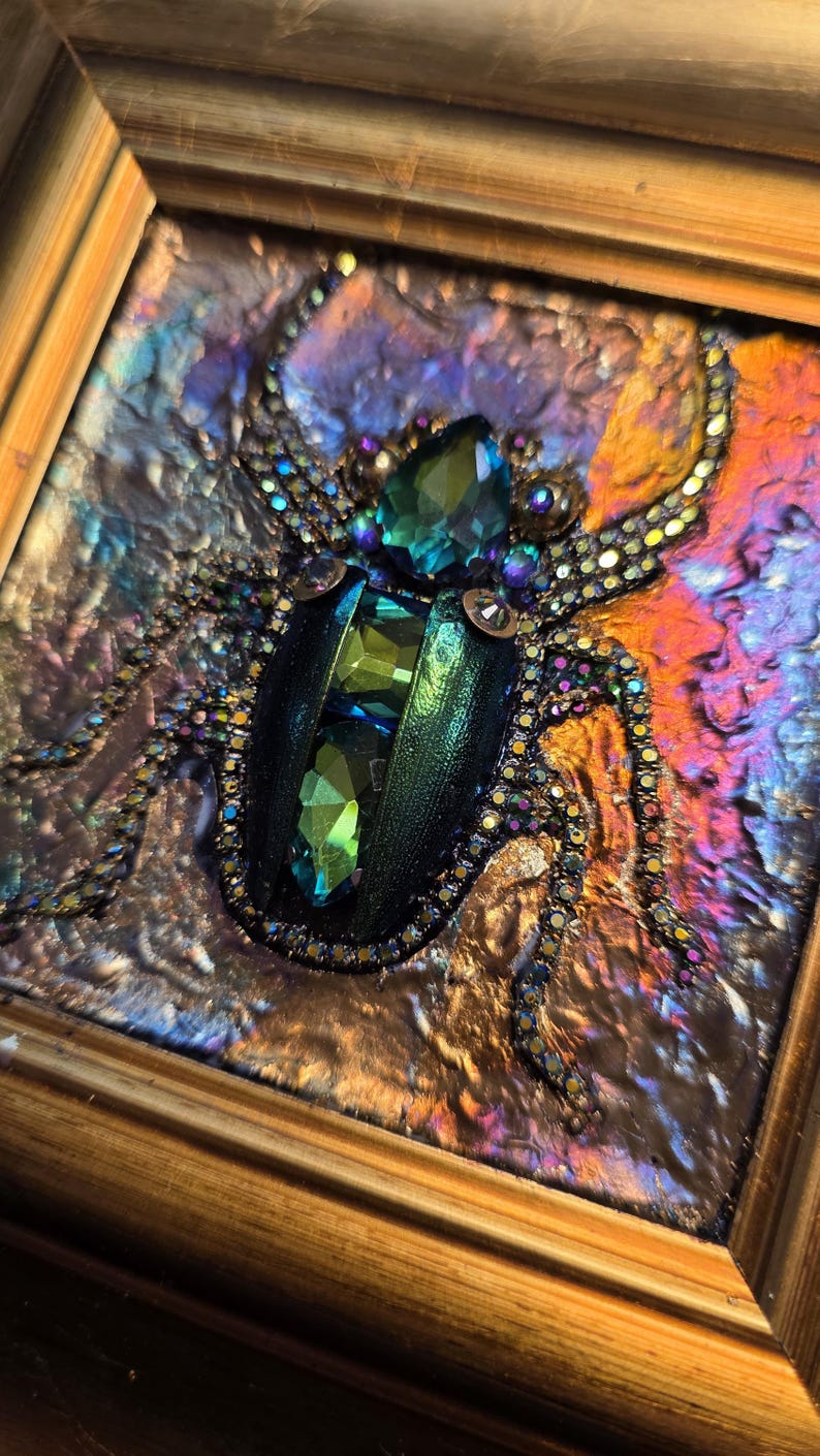 Jeweled Green Scarab Beetle Wall Art, Miniature Painting, Gold Framed Insect Artwork, Gothic Decor image 7