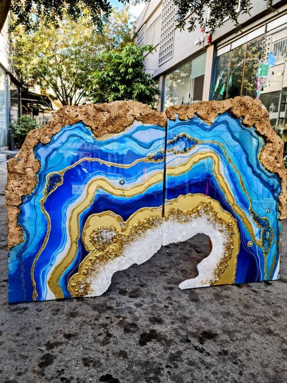 ブルージオード樹脂アート二連画：海をイメージしたエポキシ樹脂壁装飾