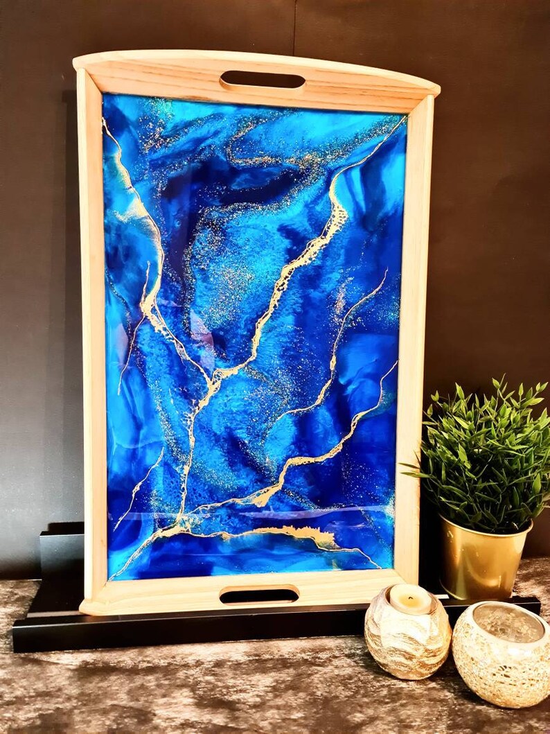 Blue Wooden Tray Coffee Table Tray Custom Serving Resin Etsy