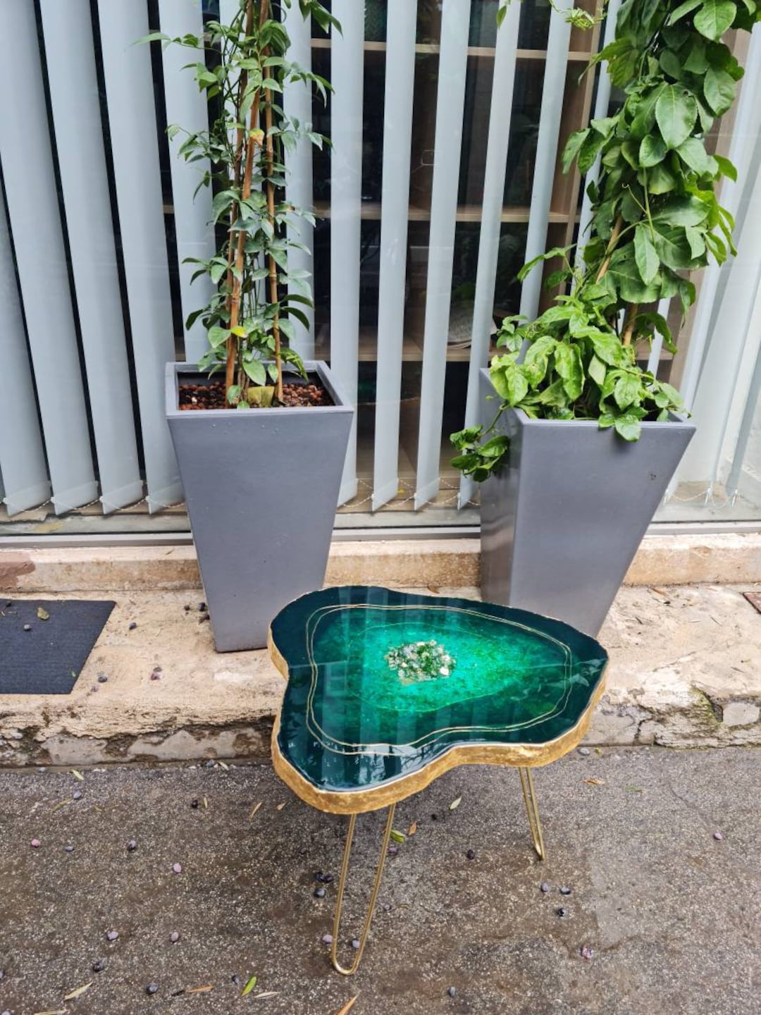 Emerald Green Geode Coffee Table: Handmade Resin Epoxy With Gold