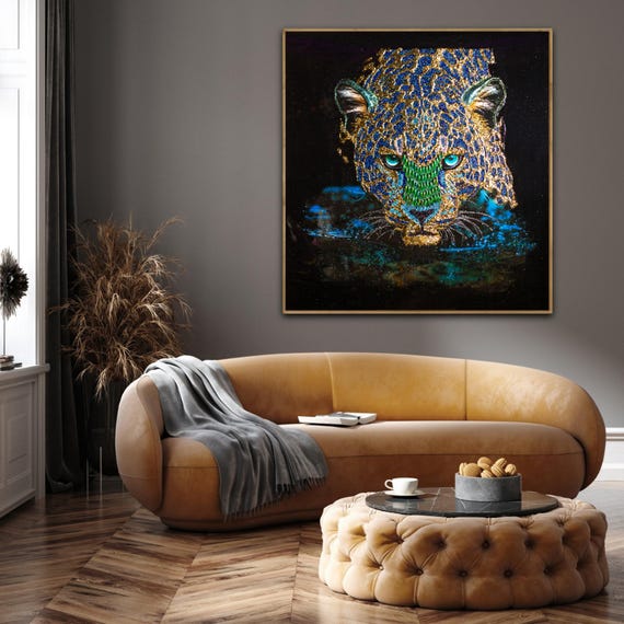 高級ヒョウ絵画：ラインストーンクリスタルで飾られた野生動物の壁