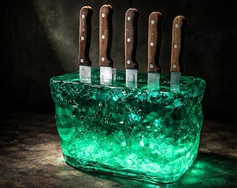 Emerald Green Resin Knife Block | Crystal Raw Stone Holder | Modern Kitchen Decor