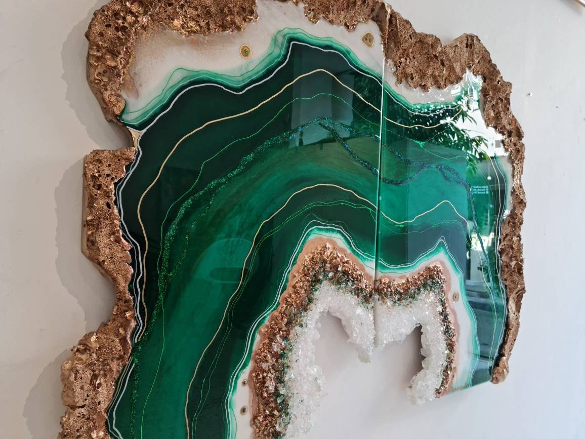 Emerald Green Resin Geode Painting: Gold Leaf Diptych Art - Etsy