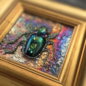 Jeweled Green Scarab Beetle Wall Art, Miniature Painting, Gold Framed Insect Artwork, Gothic Decor image 3