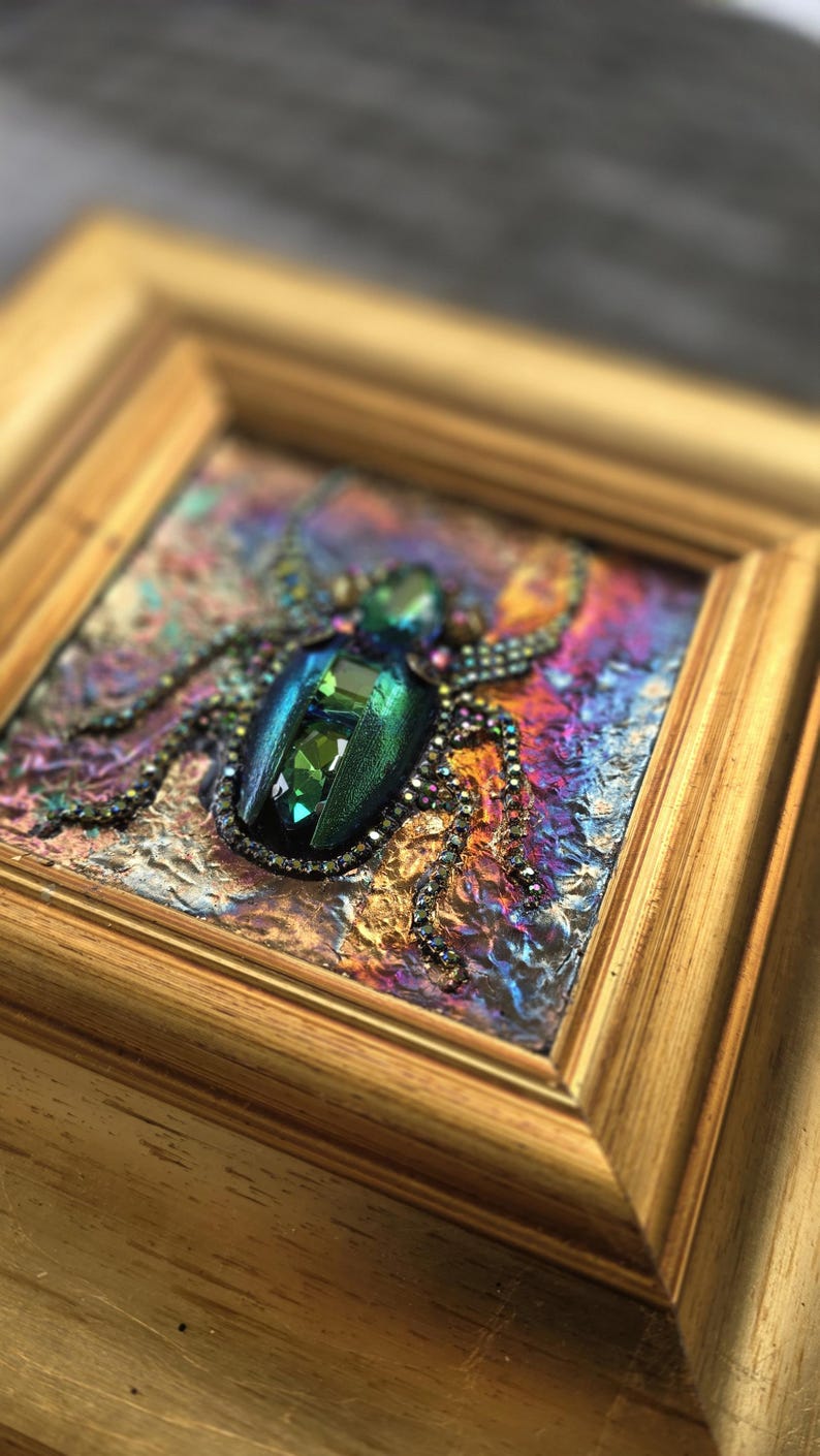 Jeweled Green Scarab Beetle Wall Art, Miniature Painting, Gold Framed Insect Artwork, Gothic Decor image 3
