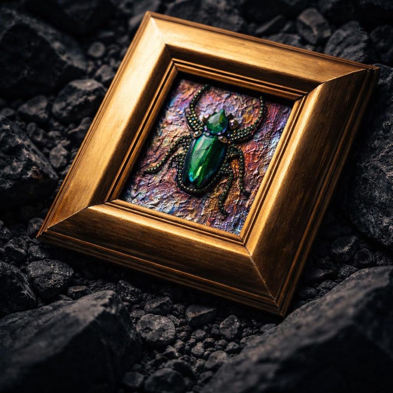 Jeweled Green Scarab Beetle Wall Art, Miniature Painting, Gold Framed Insect Artwork, Gothic Decor image 11