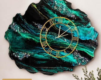 Emerald Geode Resin Wall Clock, Large Gold Roman Numeral Art, Modern Statement Decor