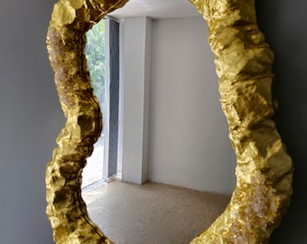 Large Gold Leaf Mirror with Amethyst, Asymmetrical Design, Handmade