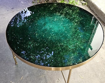 Green Resin Coffee Table: Epoxy Crystal Geode Table with Brass Legs