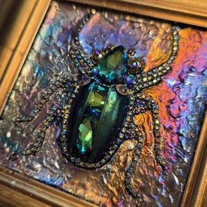 Jeweled Green Scarab Beetle Wall Art, Miniature Painting, Gold Framed Insect Artwork, Gothic Decor image 9