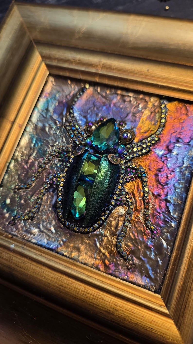 Jeweled Green Scarab Beetle Wall Art, Miniature Painting, Gold Framed Insect Artwork, Gothic Decor image 9
