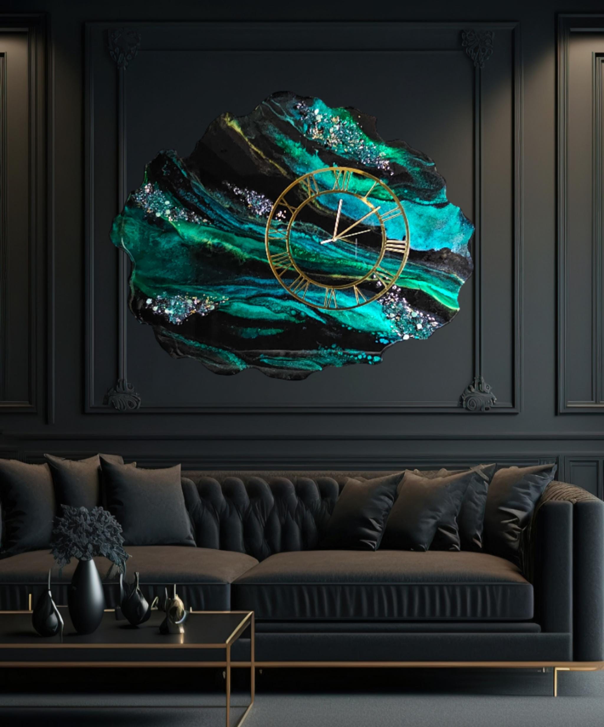 Emerald Green Geode Resin Clock, Large Epoxy Wall Art, Gold Roman
