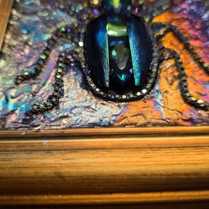 Jeweled Green Scarab Beetle Wall Art, Miniature Painting, Gold Framed Insect Artwork, Gothic Decor image 6