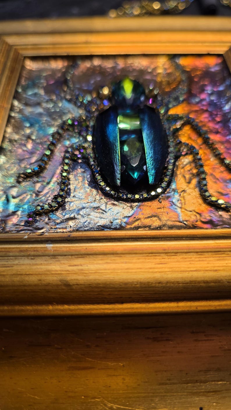 Jeweled Green Scarab Beetle Wall Art, Miniature Painting, Gold Framed Insect Artwork, Gothic Decor image 6