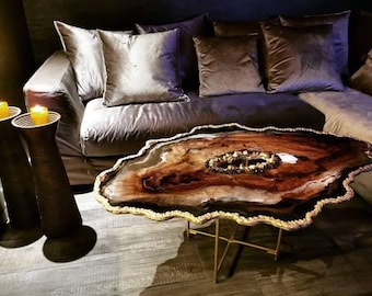 Modern Brown Marble Epoxy Coffee Table: Gold Resin Statement Piece