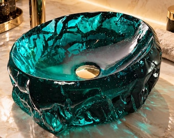 Emerald Resin Vessel Sink, Green Oval Crystal Wash Basin, Modern Bathroom Decor