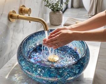Handmade Blue Resin Vessel Sink, Iridescent Crystal Wash Basin, Modern Bathroom Decor