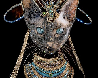 Rhinestone Egyptian Cat Painting: Gold Leaf Glam Wall Art