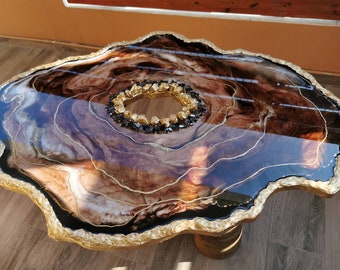 Irregular Resin Coffee Table: Brown Marble Geode Art, Gold Edges