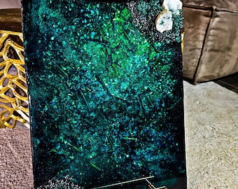 Emerald Resin Serving Tray: Large Decorative Tray with Gold Handles