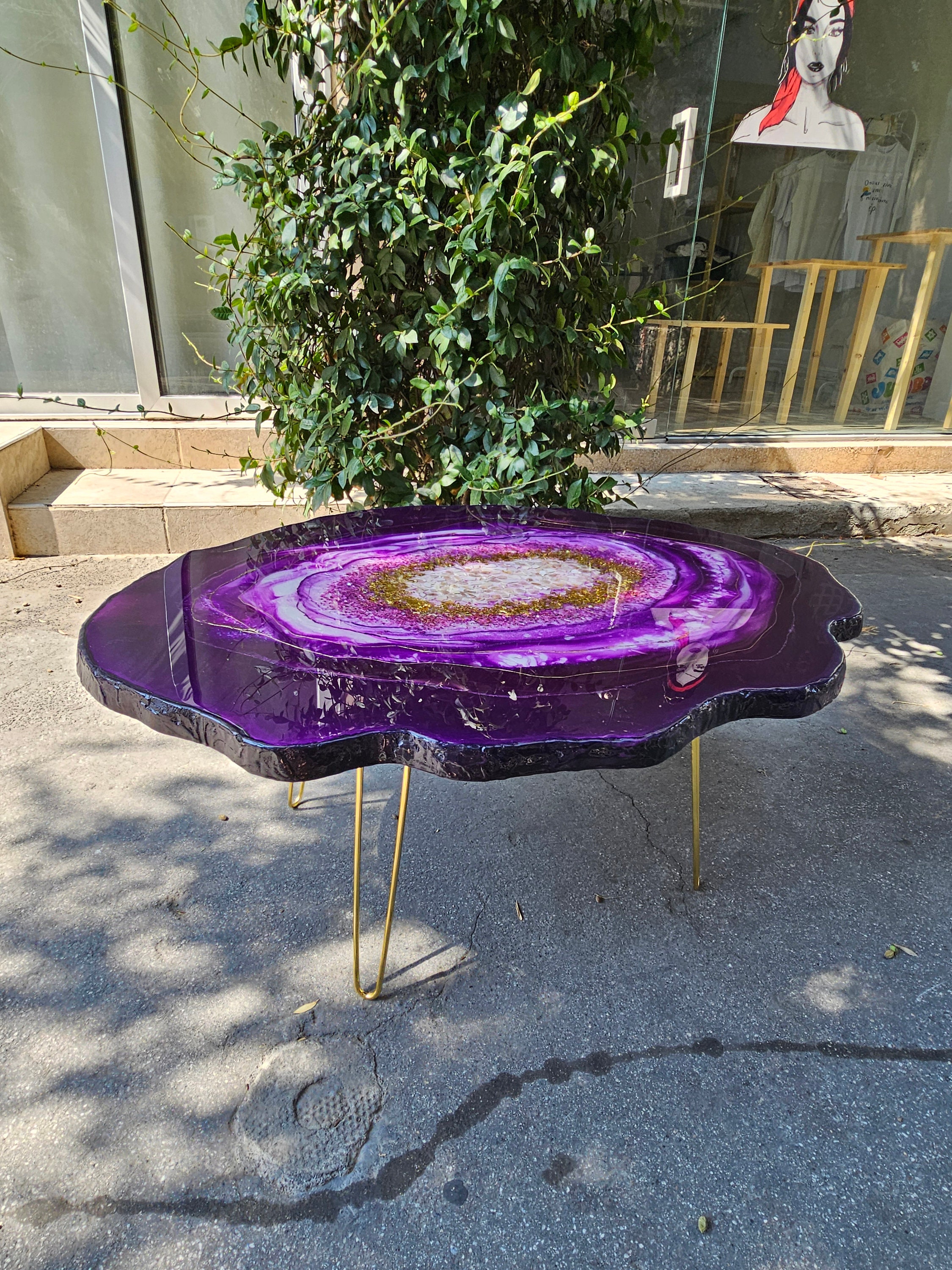Handmade Epoxy Resin Coffee Table: Purple Geode Agate, Gold