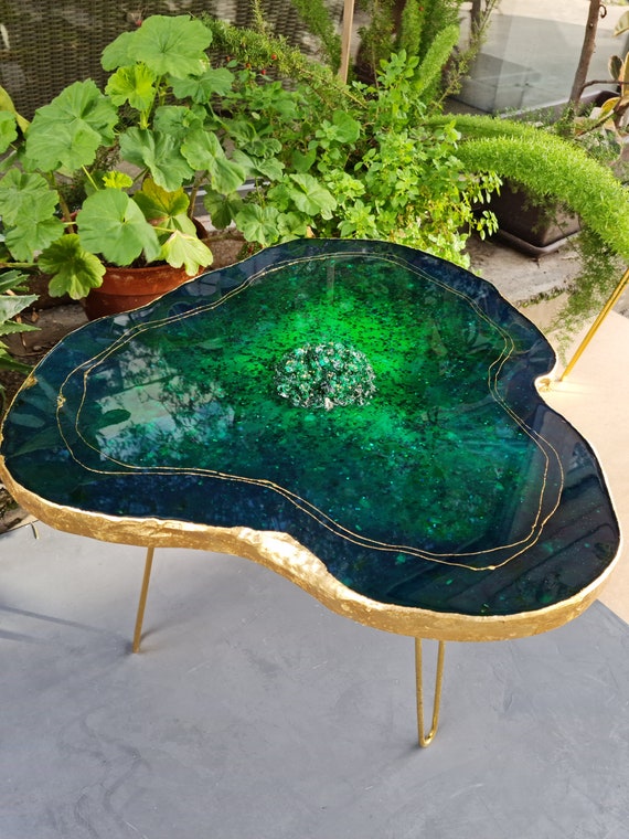 Green Emerald Epoxy Table Live Edge Modern Coffee Table Agate