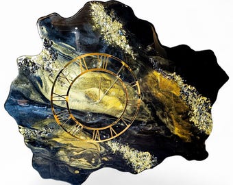 Large Black Gold Resin Wall Clock, Asymmetrical Modern Statement Decor, Gold Leaf Crystals