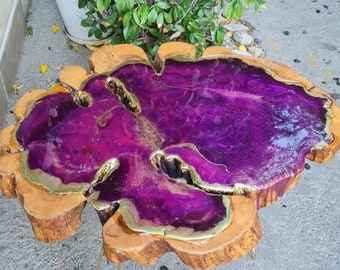 Table basse magenta en résine : table d'appoint irrégulière en bois époxy