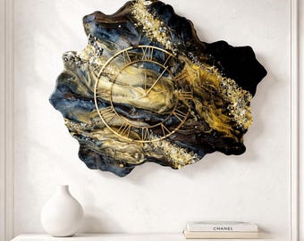 Large Resin Wall Clock, Black Gold Leaf, Natural Crystals, Modern Home Decor