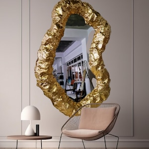 Gold Mirror - Full Length Huge  Frame - Large Asymmetrical Modern Wall Decor for Home Interior - Stylish & Elegant Design