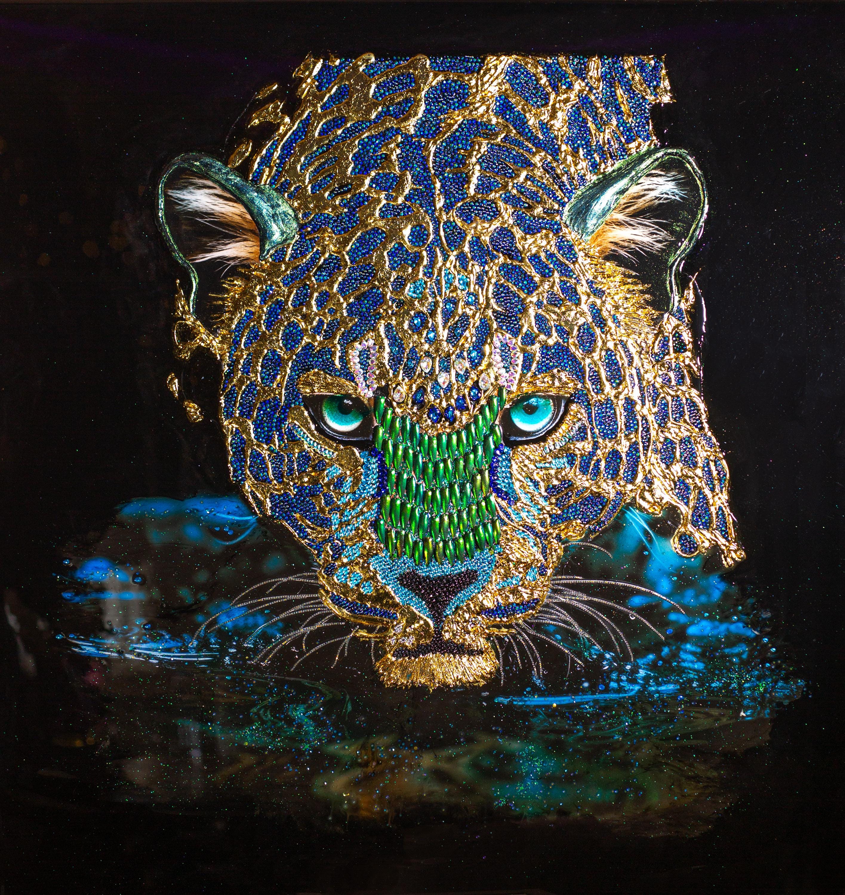 高級ヒョウ絵画：ラインストーンクリスタルで飾られた野生動物の壁