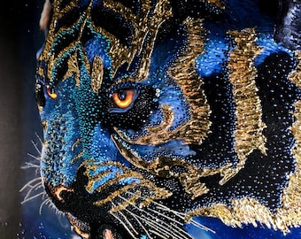 Rhinestone Tiger Painting: Gold Leaf Mixed Media Wall Art