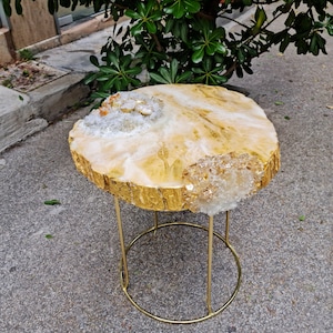 White and gold marble epoxy table, Resin coffee table, Live edge agate side table, Geode table with crystals , Special gift for her.