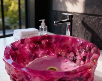 Handmade Pink Resin Crystal Vessel Sink – Fuchsia Gemstone Vanity Basin