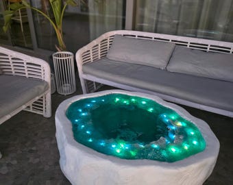 Geode Resin Coffee Table with LED Lights: Handmade Crystal-Inspired Boho Decor