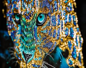 送料無料 絵 クリスタルビジュー ラインストーン 160 ヒョウ キラキラ 高級ヒョウ絵画：ラインストーンクリスタルで飾られた野生動物の壁