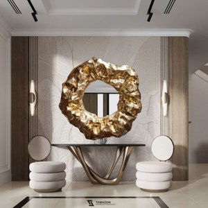 Irregular Round Gold Mirror – 90cm | Handmade Resin Wall Mirror | Large Geode-Inspired Mirror | Luxe Wall Art for Modern Interiors