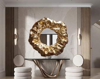Handmade Gold Leaf Resin Wall Mirror: Large Irregular Geode-Inspired Art (90cm)