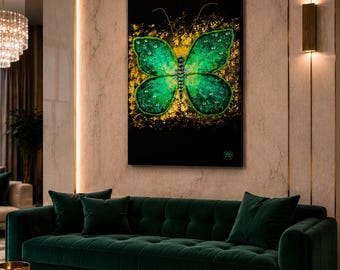 Emerald Crystal Butterfly Artwork, Luxury Resin Painting, Gold Leaf Glam Decor