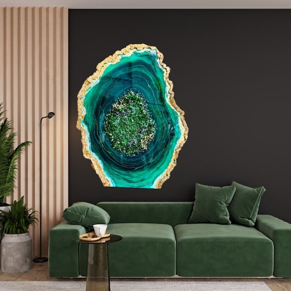 Emerald Green Geode Resin Painting: Large Crystal Wall Art (120x80cm)