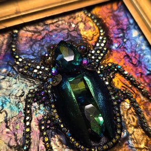 Jeweled Green Scarab Beetle Wall Art, Miniature Painting, Gold Framed Insect Artwork, Gothic Decor image 5