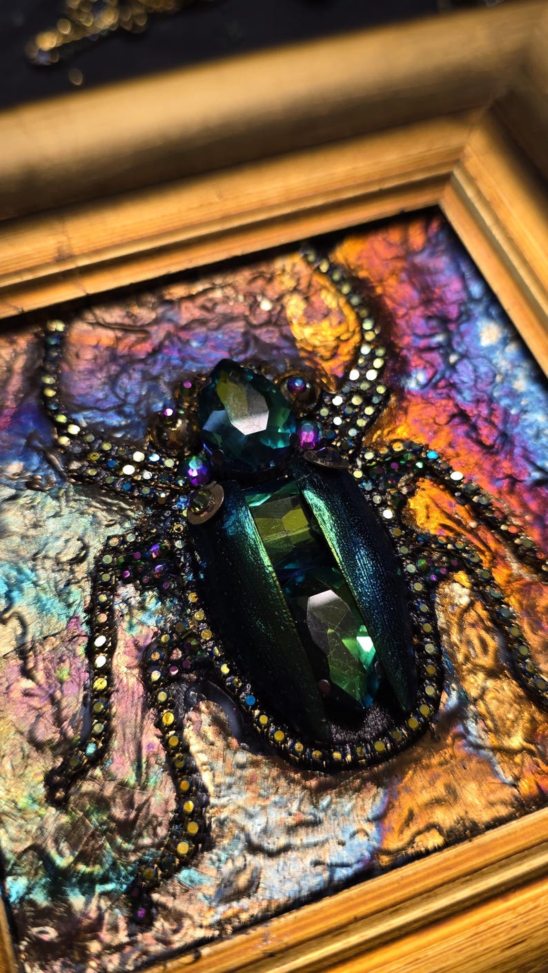 Jeweled Green Scarab Beetle Wall Art, Miniature Painting, Gold Framed Insect Artwork, Gothic Decor image 5